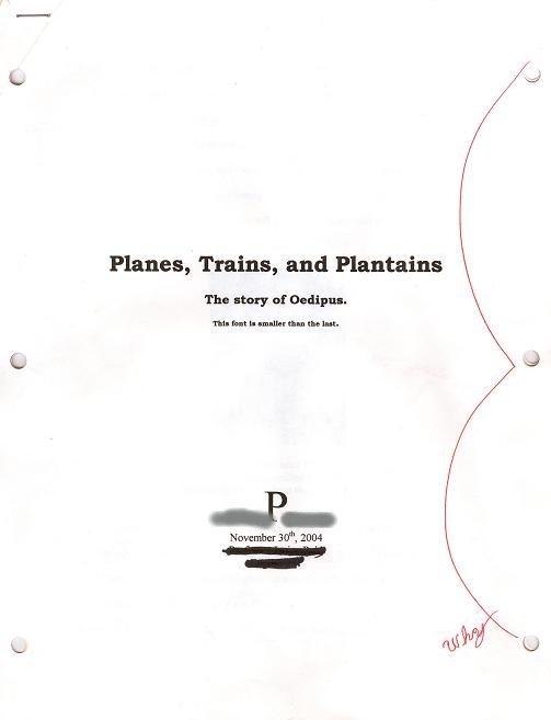 [Planes, Trains, and Plantains: The story of Oedipus.  Page 1]