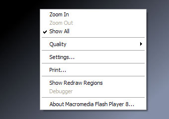 showing the default Flash context menu for a movie with only one frame