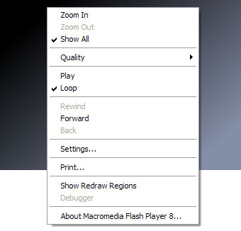 [showing the default Flash context menu for a movie with multiple frames]